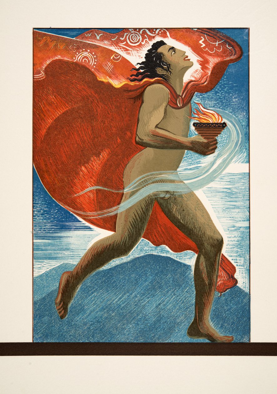 Prometheus Running with Fire, fra Prométhée Enchaîné af Aeschylus, pub. 1941 (pochoir print) af Francois-Louis Schmied