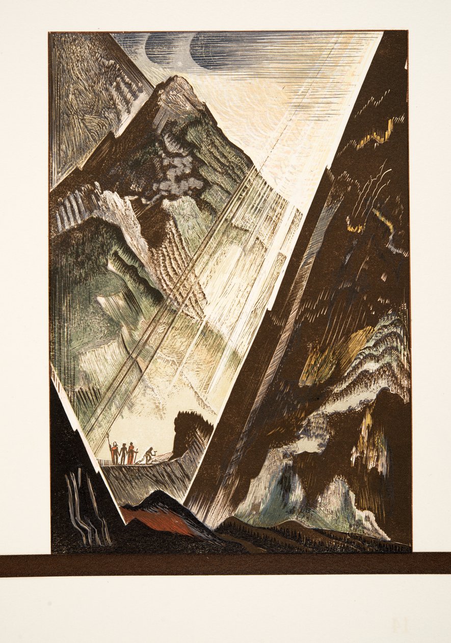 Prometheus bliver naglet til klippen af Hephaestus, Kratos og Bia, fra Prométhée Enchaîné af Aeschylus, pub. 1941 (pochoir print) af Francois Louis Schmied