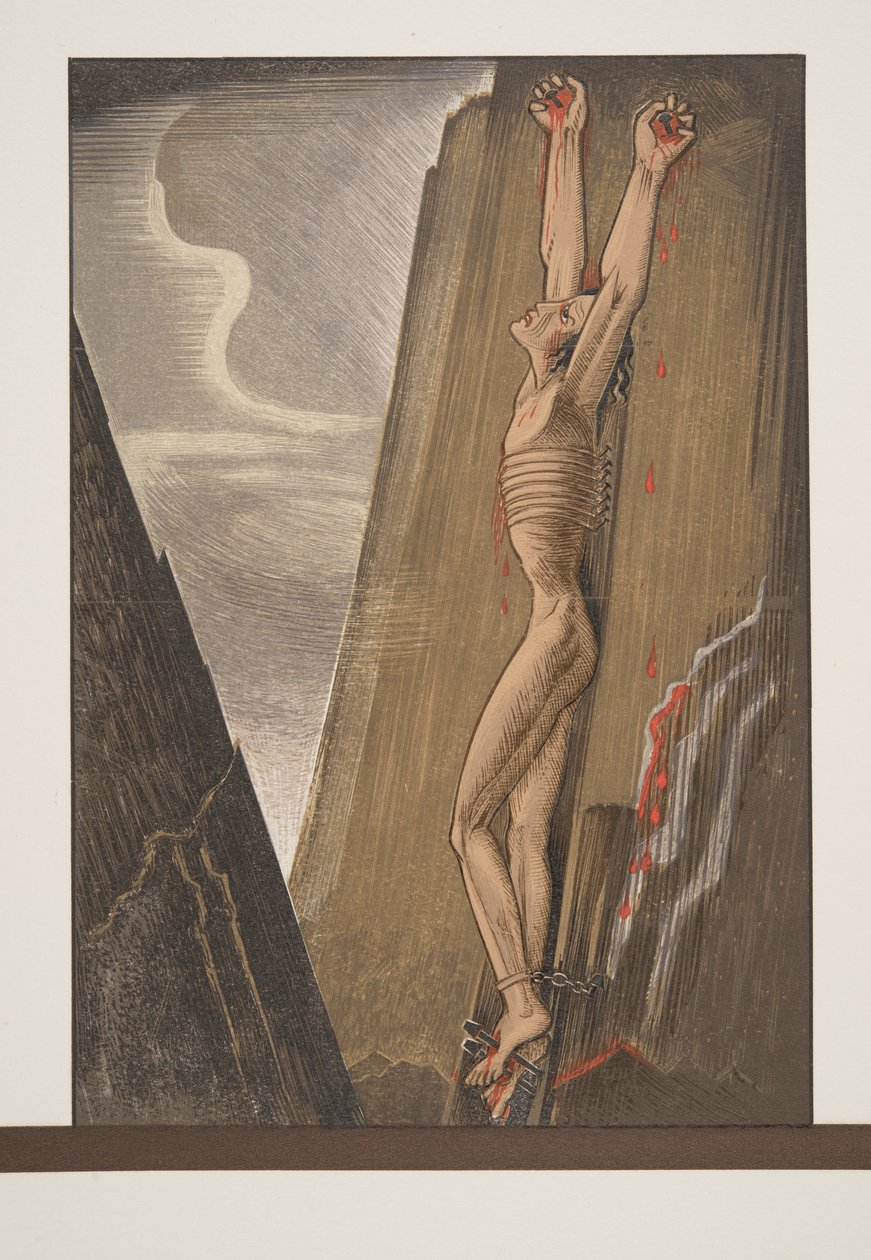 Prometheus nailed to the Rock, fra Prométhée Enchaîné af Aeschylus, pub. 1941 (pochoir print) af Francois Louis Schmied