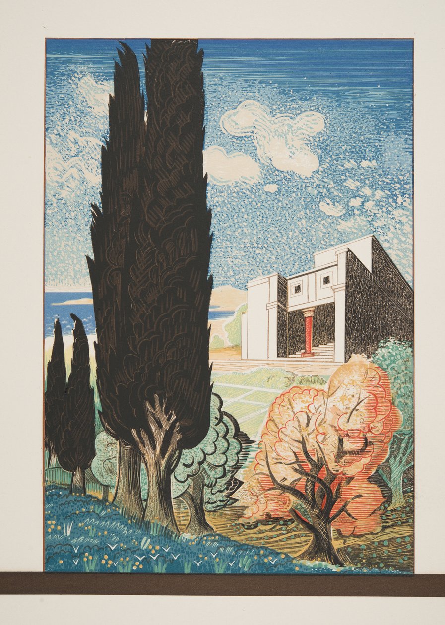 Tempel med Cypress Tree, fra Chained Prometheus af Aeschylus, pub. 1941 (stenciltryk) af Francois Louis Schmied