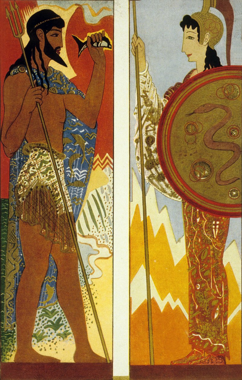 Odysseen af Homer: guderne Poseidon og Athena, indgraveret af Theo Schmied, 1930-33 farve litho af Francois Louis Schmied