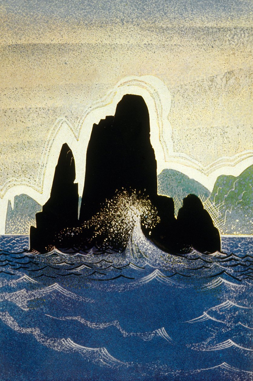 Odysseen af Homer: Gortynes klippe, indgraveret af Theo Schmied, 1930-33 farve litho af Francois Louis Schmied