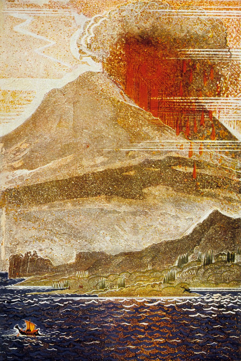 The Odyssey af Homer: Ulysses nærmer sig øen Cylop-vulkanen, indgraveret af Theo Schmied, 1930-33 farve litho af Francois Louis Schmied
