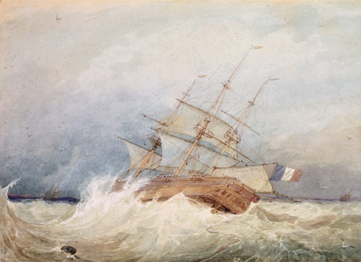 En fransk fregat i stormfuldt vejr (akvarel) af Francois Louis Thomas Francia