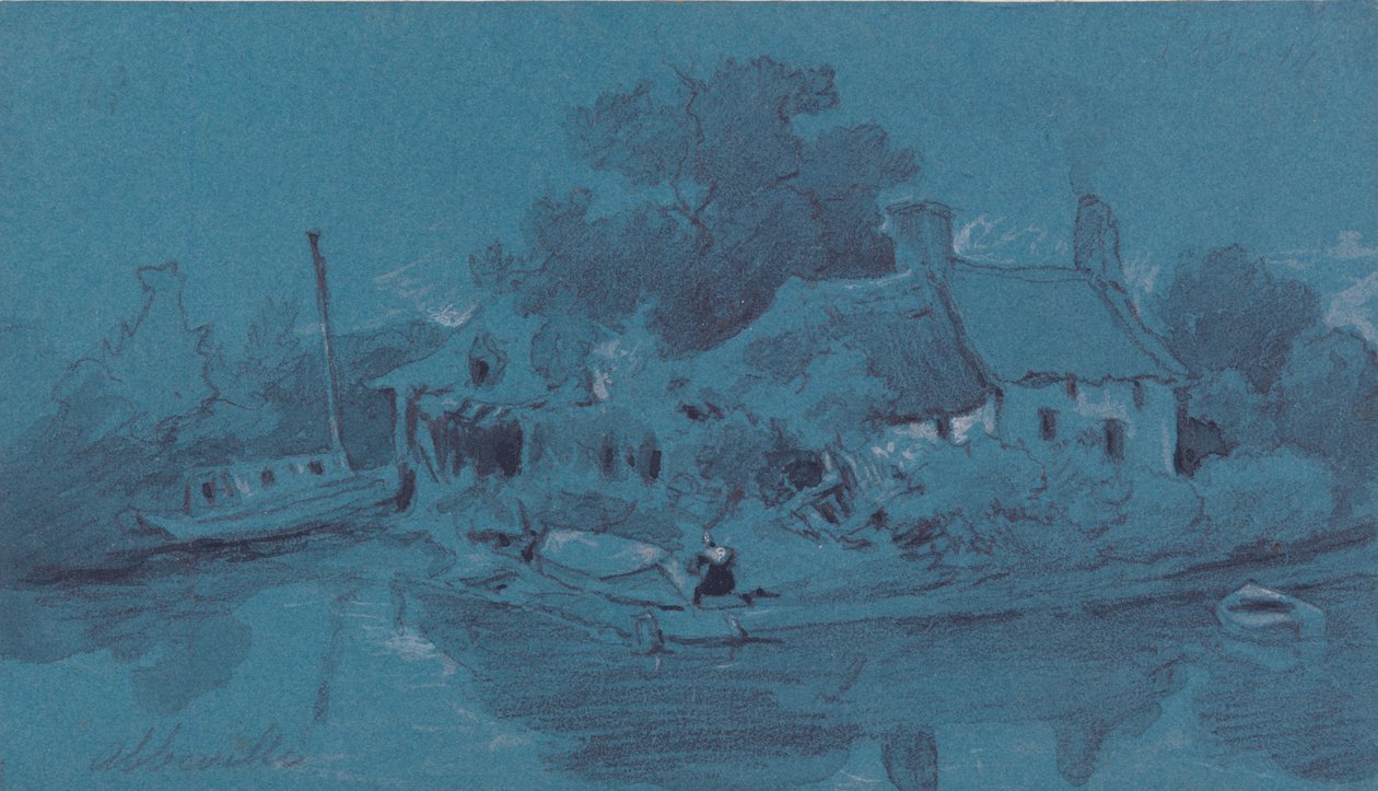 Abbeville (grafit, grå vask, sort blæk og kropsfarve på blåt papir) af Francois Louis Thomas Francia