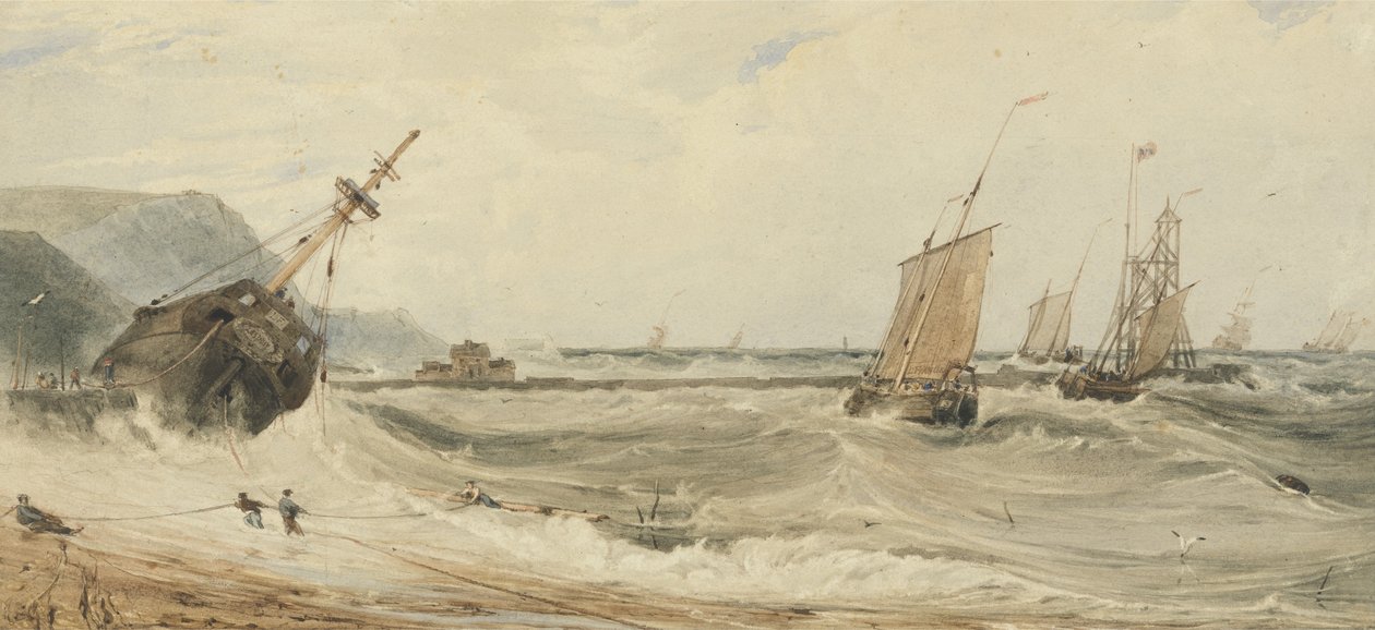 Boulogne Havn (wc over grafit og kropsfarve på papir) af Francois Louis Thomas Francia