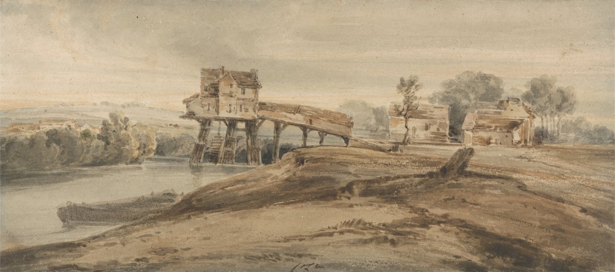 Vandmøllen over broen ved Charenton, efter et maleri af Thomas Girtin (1775-1802) (wc over grafit på papir) af Francois Louis Thomas Francia