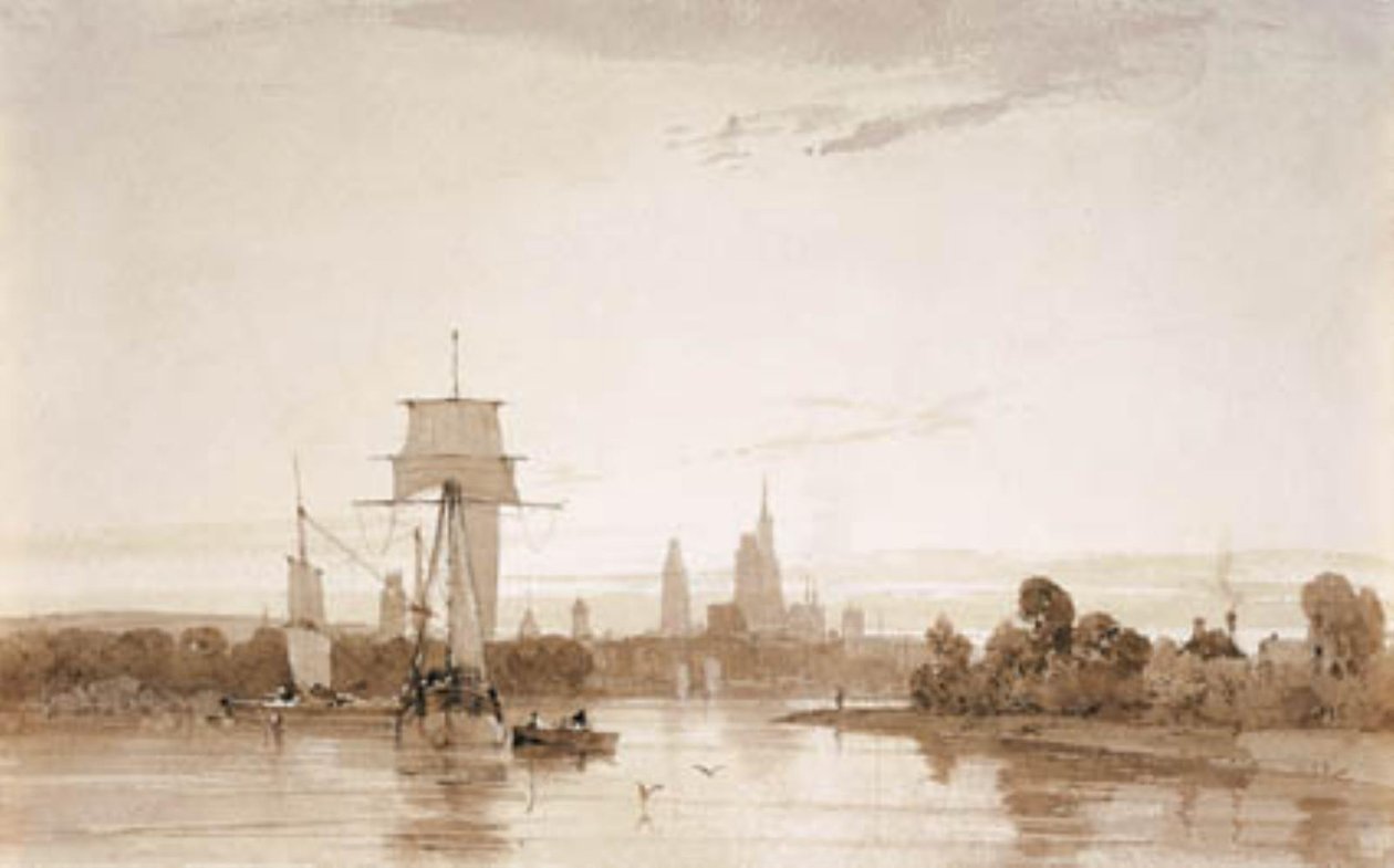 Udsigt fra Seinen mod Rouen domkirke og by. Morgen af Francois Louis Thomas Francia