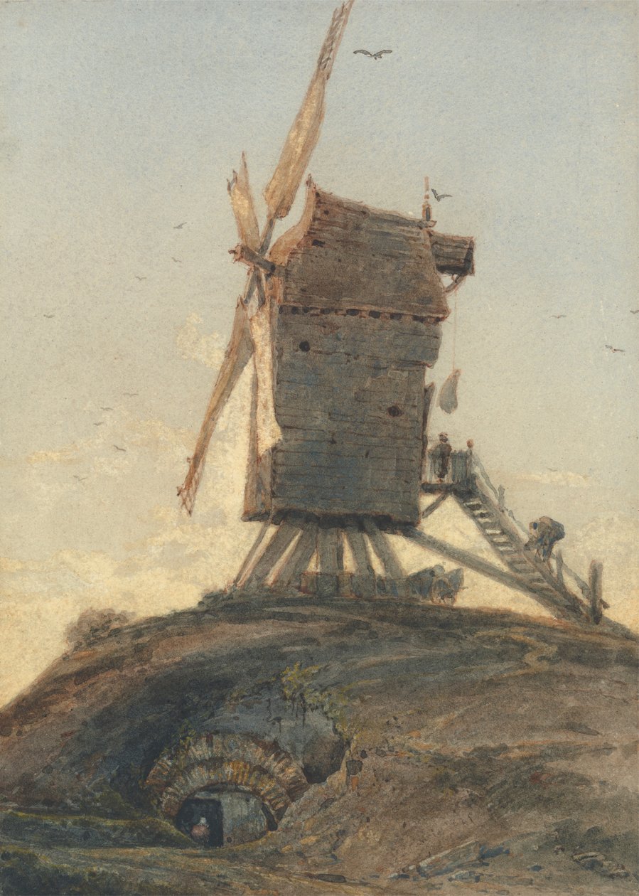 Vindmølle på en knold i et landskab af Francois Louis Thomas Francia