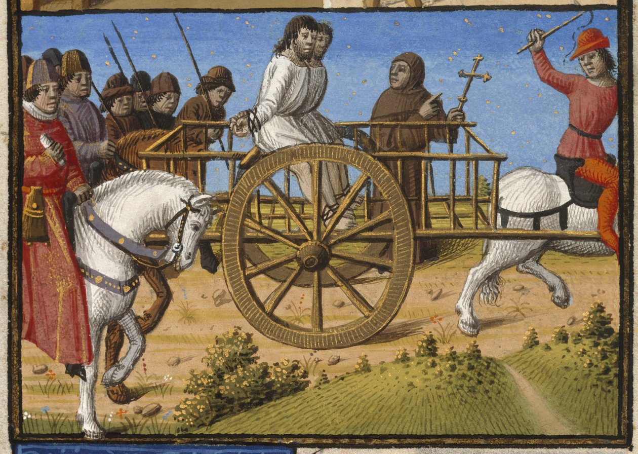 Harley 4375, f.140 To fanger i en vogn, der bliver ført til henrettelse, ledsaget af en præst, illustration fra 