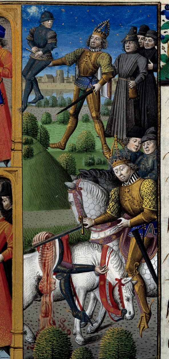 Scener fra Karl den Stores liv (742-814) Frankernes konge: kampscene. Abe. Miniature taget fra manuskriptet "Speculum historiale"" (Le Mirror historial) af Vincent de Beauvais (1184/94-1264) oplyst af Mester Francois (15. århundrede) af Maître François