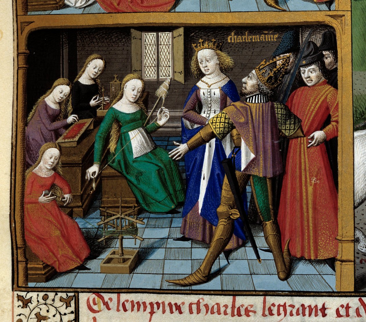 Scener fra livet af Karl den Store (742-814), frankernes konge: kejseren besøger kvinder, der spinder uld. Miniature taget fra manuskriptet "Speculum historiale"" (Le Mirror historial) af Vincent de Beauvais (1184/94-1264) oplyst af Mester Franc af Maître François