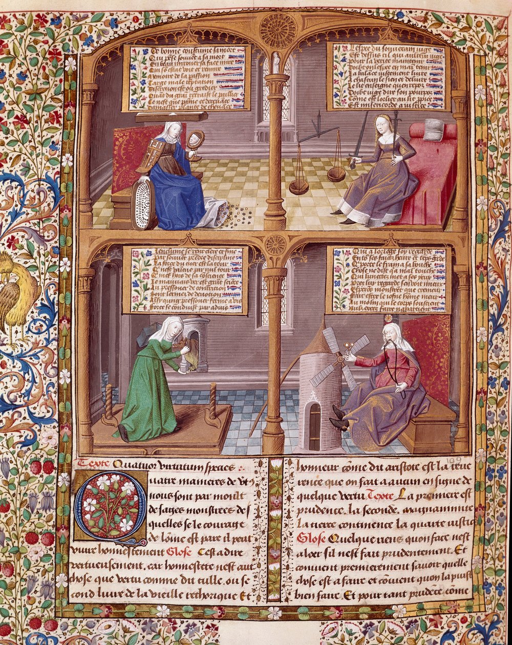 De fire kardinalvirus: forsigtighed, styrke, kontinens og retfærdighed. Side taget fra et manuskript af Seneque (Lucius Annaeus Seneca, 4 f.Kr.-65 e.Kr. JC), filosof fra den stoiciske skole, dramatiker og en romersk statsmand oplyst af mesteren Francois. af Maître François