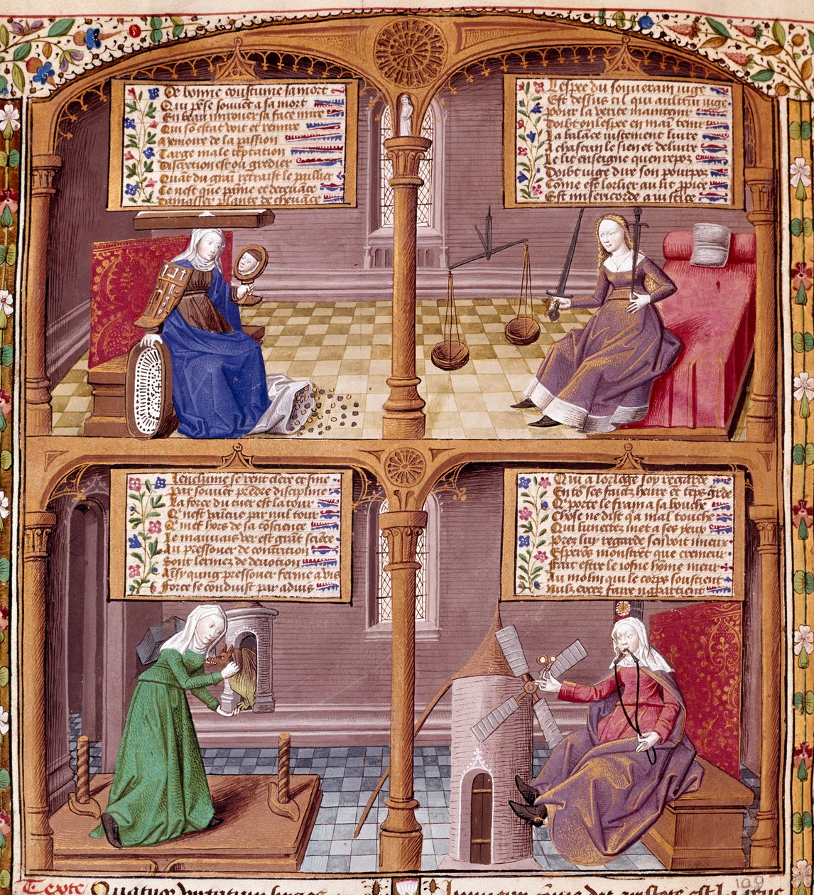De fire kardinalvirus: forsigtighed, styrke, kontinens og retfærdighed. Side taget fra et manuskript af Seneque (Lucius Annaeus Seneca, 4 f.Kr.-65 e.Kr. JC), filosof fra den stoiciske skole, dramatiker og en romersk statsmand oplyst af mesteren Francois. af Maître François