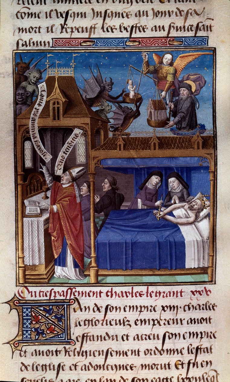 Karl den Stores død (742-814) Miniature taget fra manuskriptet "Speculum historiale" (Le Mirror historial) af Vincent de Beauvais (1184/94-1264) oplyst af Mester Francois (1400-tallet). Chantilly, Conde Museum af Maître François