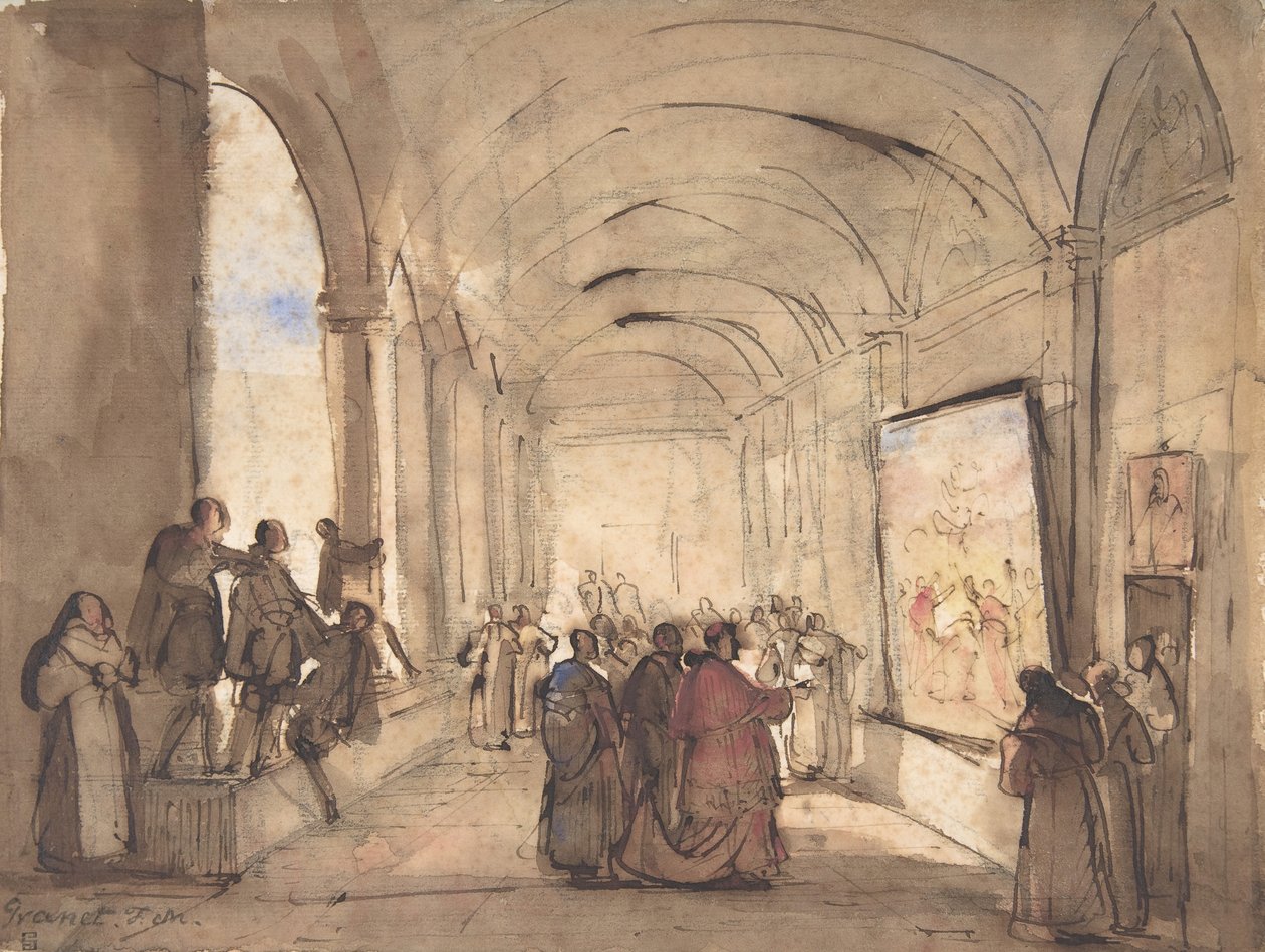 En kardinal, der undersøger et maleri i et kloster, første halvdel af 1800-tallet. af Francois Marius Granet