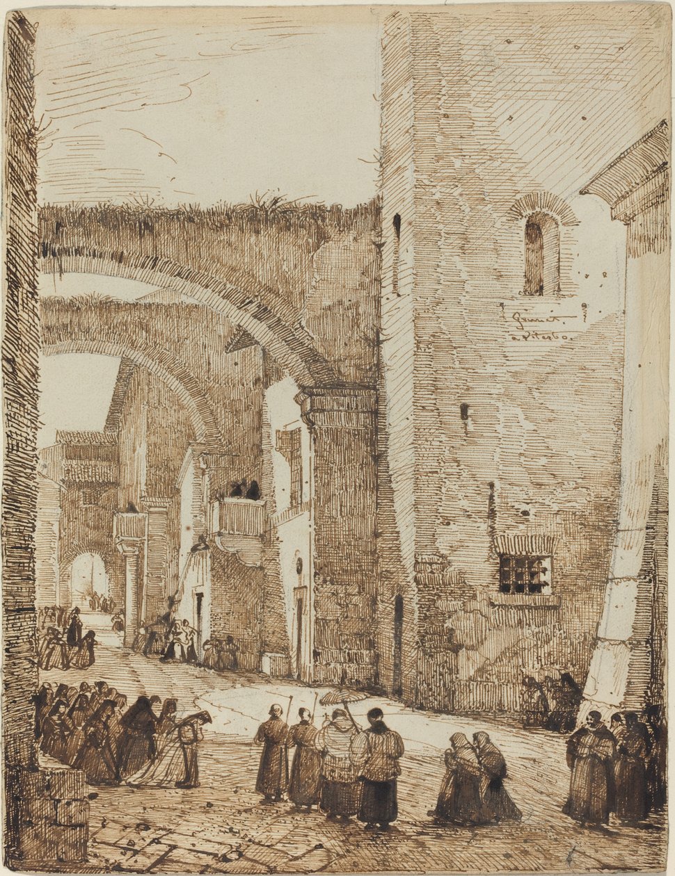 En præst forarbejder gennem en middelaldergade i Viterbo af Francois Marius Granet