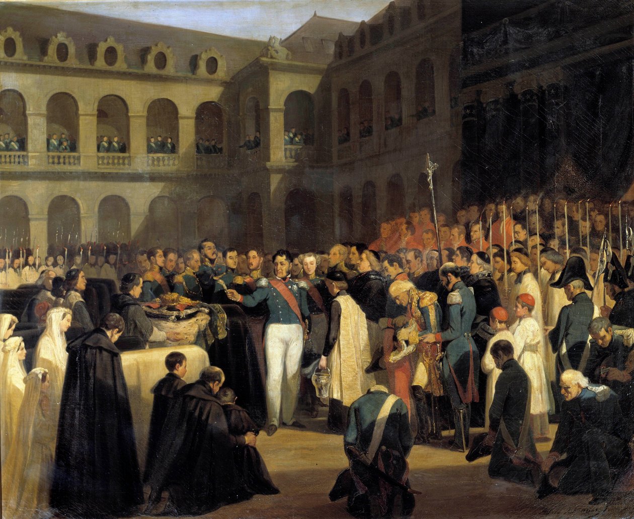Begravelse for ofrene for Fieschi-angrebet den 5/08/1835 i nærværelse af kong Louis-Philippe Giuseppe Fieschis (korsikanske konspirator) angreb fandt sted den 28. juli 1835 mod Louis-Philippe I, franskmændenes konge, Boulevard du Tempel i Paris. P af Francois Marius Granet