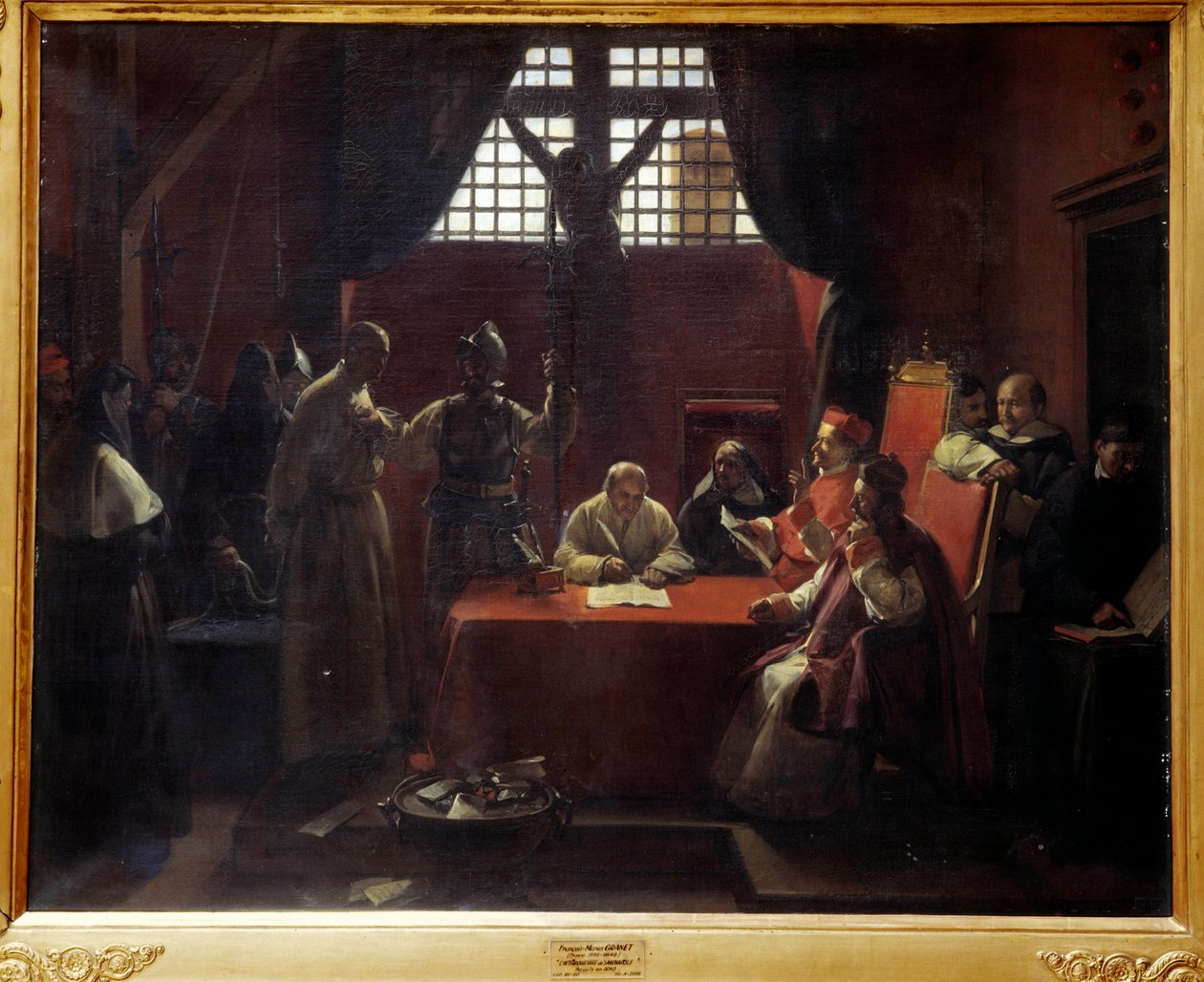 Forhør af Savonarola (1452-1498) Jerome Savonarola (eller Girolamo Savonarola) (1452-1498) Italiensk munk og prædikator er dommer for kætteri af pave Alexander VI og myndighederne i byen Firenze før hans ekskommunikation og henrettelse. Painti af Francois Marius Granet