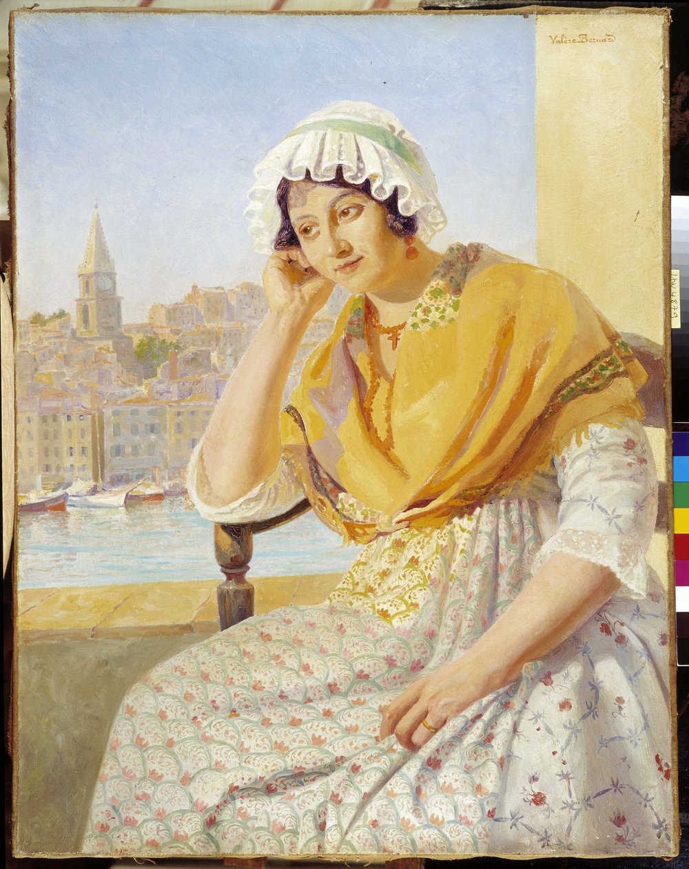 Madame Contencin på terrassen quai de Rive-Neuve i Marseille. Maleri af Francois Marius Valere Bernard (1860-1936), Obligatorisk omtale: Samlingsstiftelseshilsner fra Provence, Marseille. af Francois Marius Valere Bernard