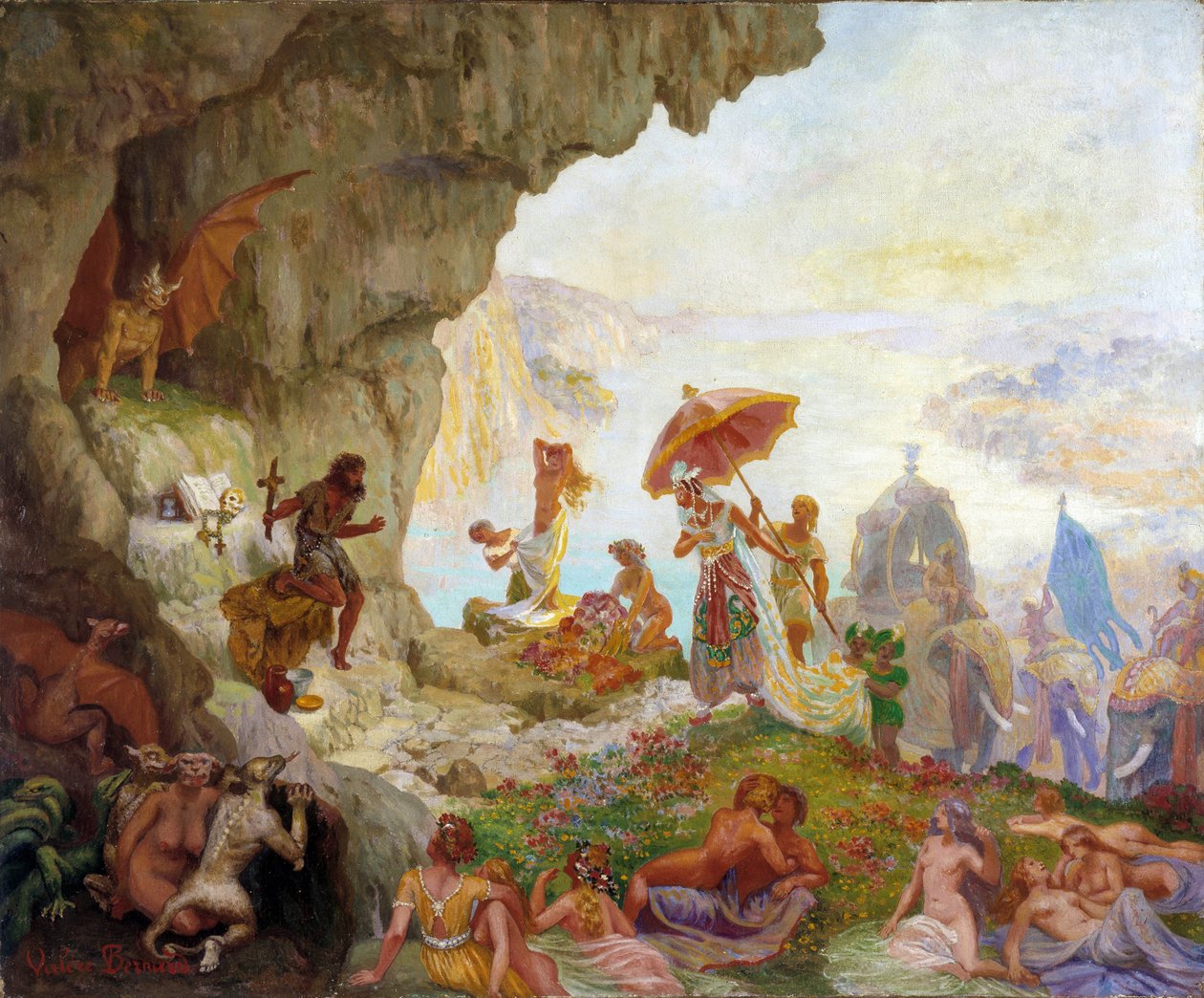 Sankt Antonius den Stores fristelse (eller Sankt Antonius Eremitten eller Sankt Antonius Abbe) af dronningen af Sabah (eller Saba) Maleri af Francois Marius Valere Bernard (1860-1936) Dim. 60x73 cm. Obligatorisk omtale: Collection fondation regards de Prov af Francois Marius Valere Bernard