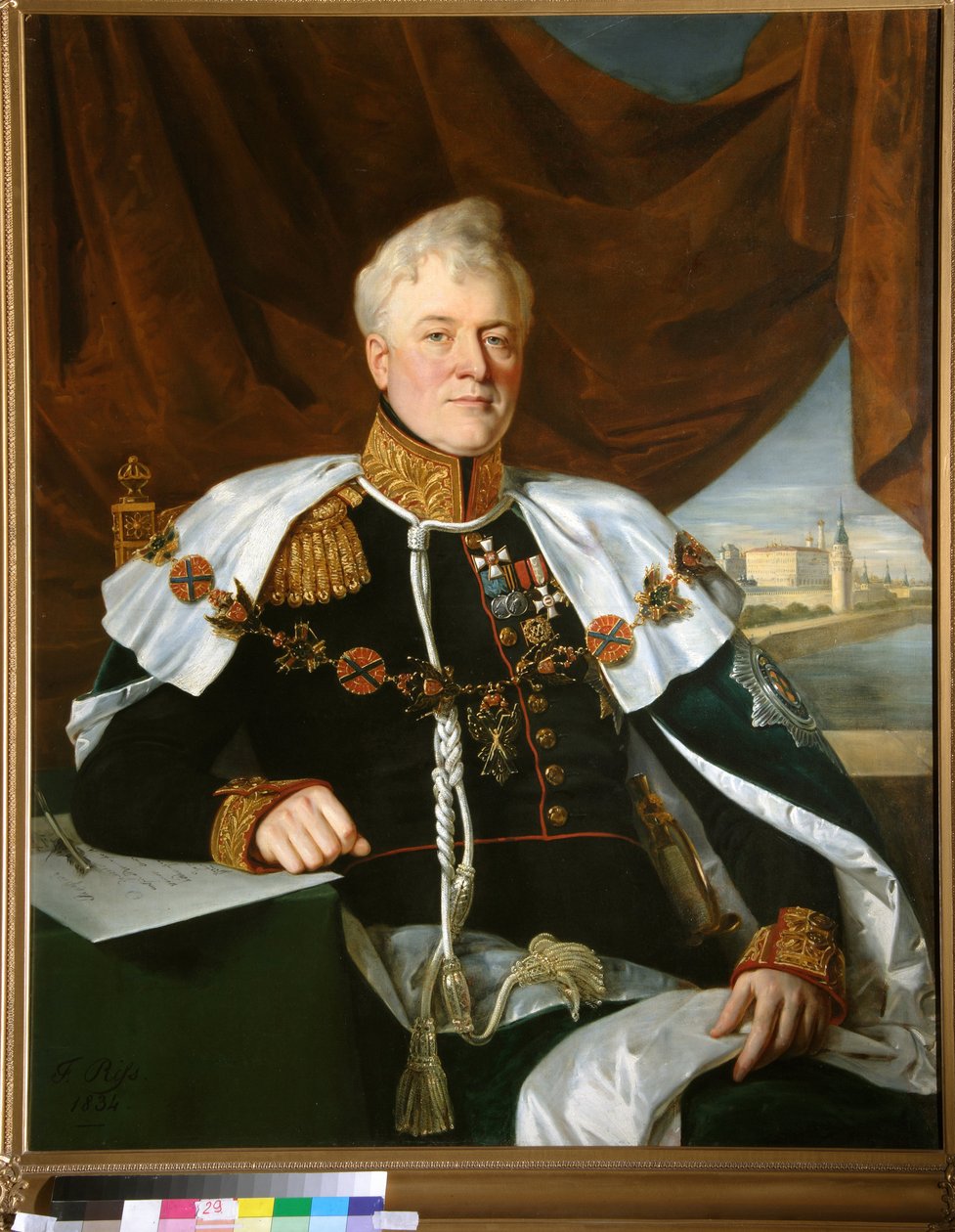 Portræt af Prins Dimitri Vladimirovich Galitzine (Golitsyn) (1771-1844) med kraven af ​​Sankt Andres Orden (Saint-Andre) - Maleri af Francois Nicolas Riss (1804-1886), olie på lærred (122x100 cm) af Francois Nicholas Riss