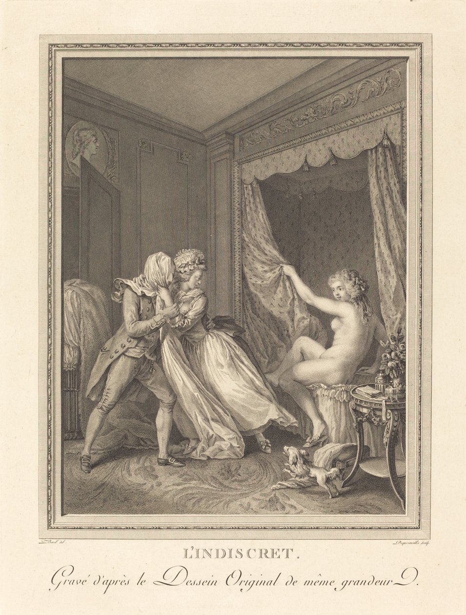 Den indiskrete af Francois Nicolas Barthelemy Dequevauviller after Antoine Borel