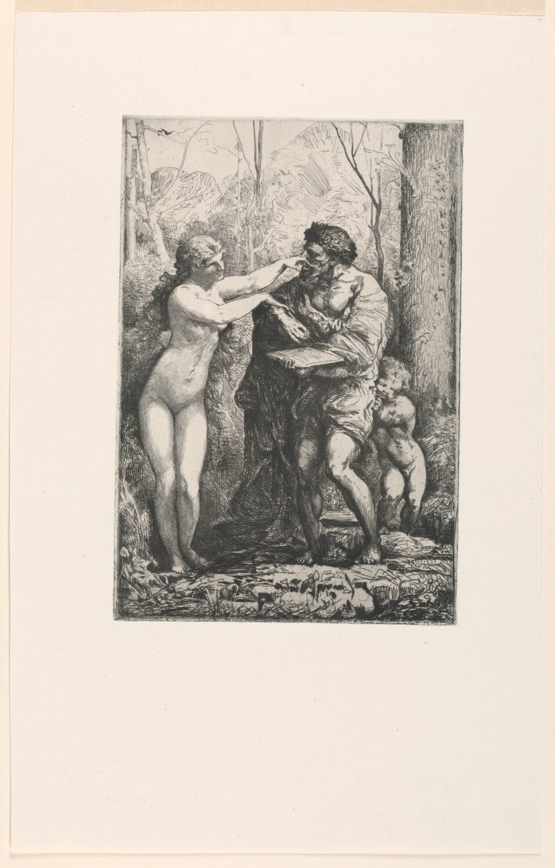 Kunstner og en nymfe, fra Twelve Etchings af Chifflart af Francois Nicolas Chifflart