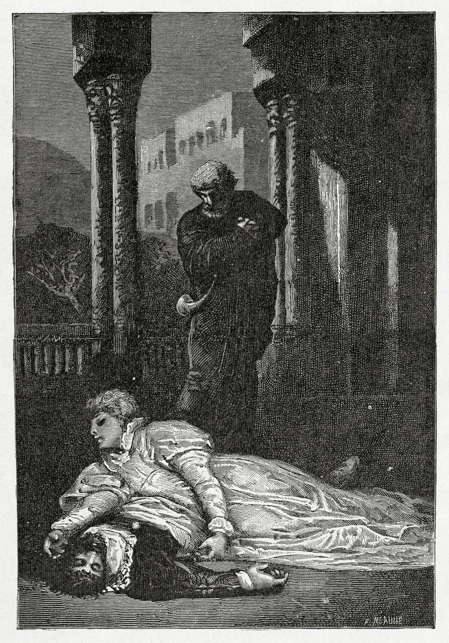 Dona Sol dør på Hernanis lig, 1800-tallet (bw-gravering) af Francois Nicolas Chifflart