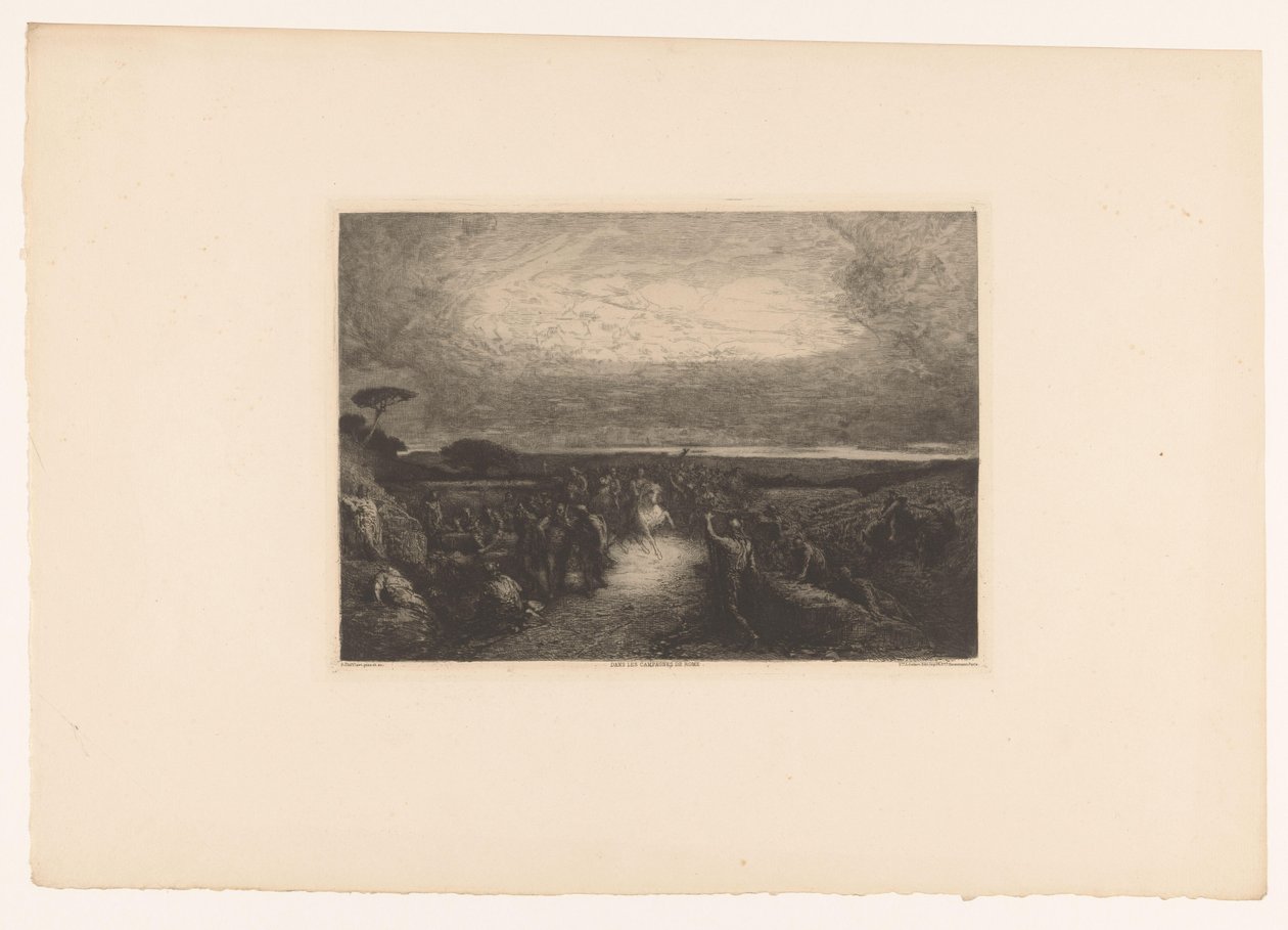 Landskab med en rytter i en menneskemængde Dance les kampagner i Rom. (titel på objekt) af Francois Nicolas Chifflart