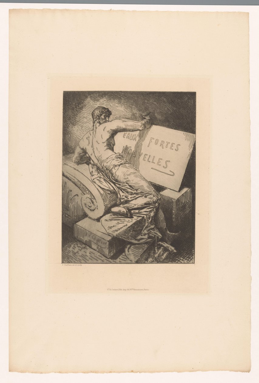 Titeltryk med mand på sten monument Eaux Fortes Nouvelles (titel på objekt) Raderinger af forskellige trykkerier fra 1877 (serietitel) L