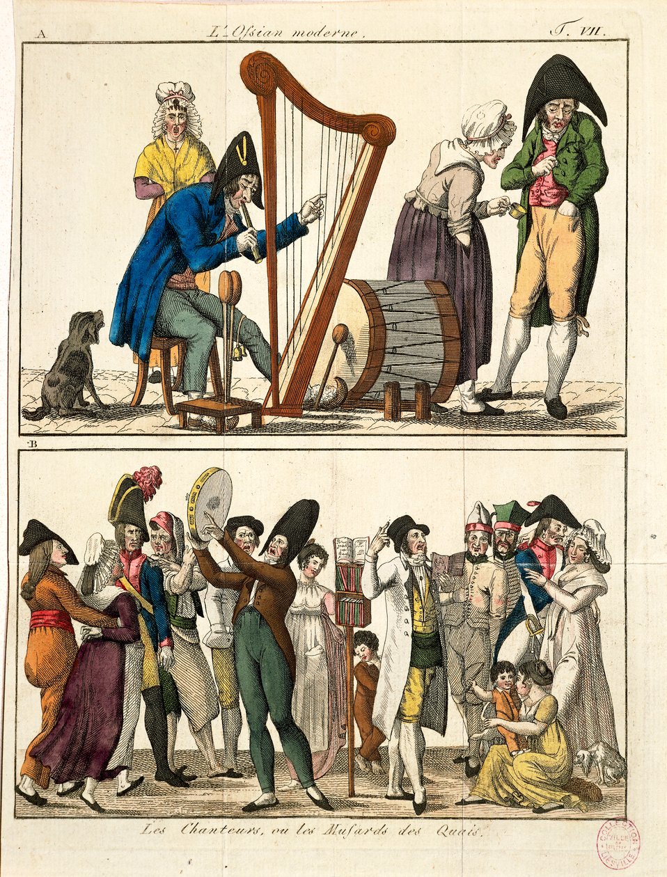 Karikatur af moderne Ossian og af gadesangere, af Francois Nicolas Martinet, gravering af Francois Nicolas Martinet