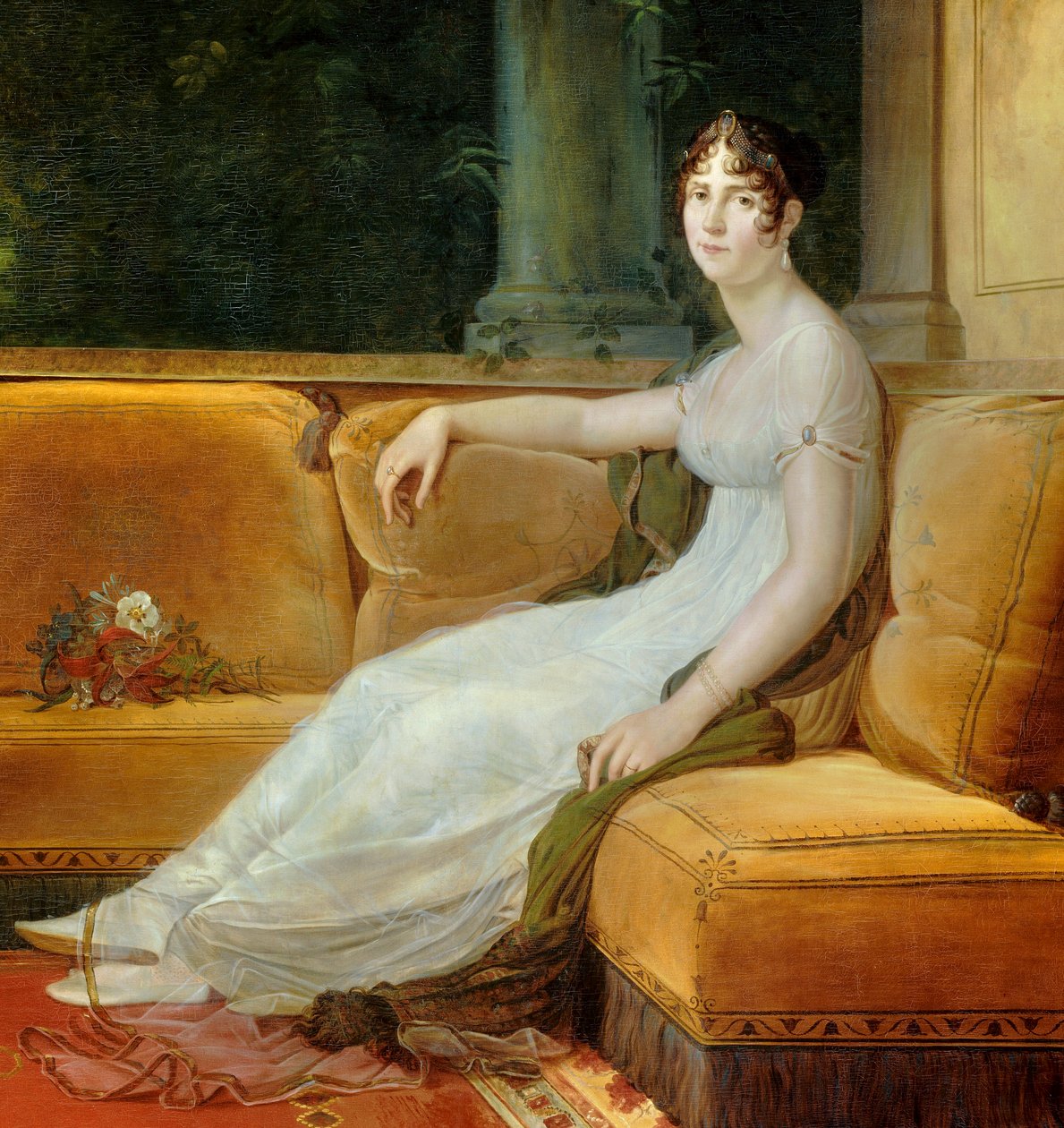 Detalje af ""Portræt af kejserinde Josephine de Beauharnais (1763-1814) i hendes salon i Malmaison"" Maleri af Francois Gerard (1770-1837) 1801 Søn. 1,71x1,64 m Malmaison, slotmuseum - Portræt i fuld længde af kejserinde Josephine de Beauharnais af Baron François Pascal Simon Gérard