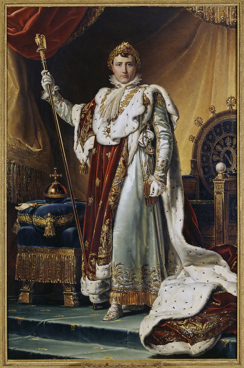 Portræt af kejser Napoleon I Bonaparte (1769-1821) i kroningsdragt. (Portræt af kejser Napoleon I Bonaparte i hans kroningsklæder). Maleri af Francois Pascal Simon, baron Gerard (1770-1837), olie på lærred, ca. 1804. Fransk kunst af Baron François Pascal Simon Gérard