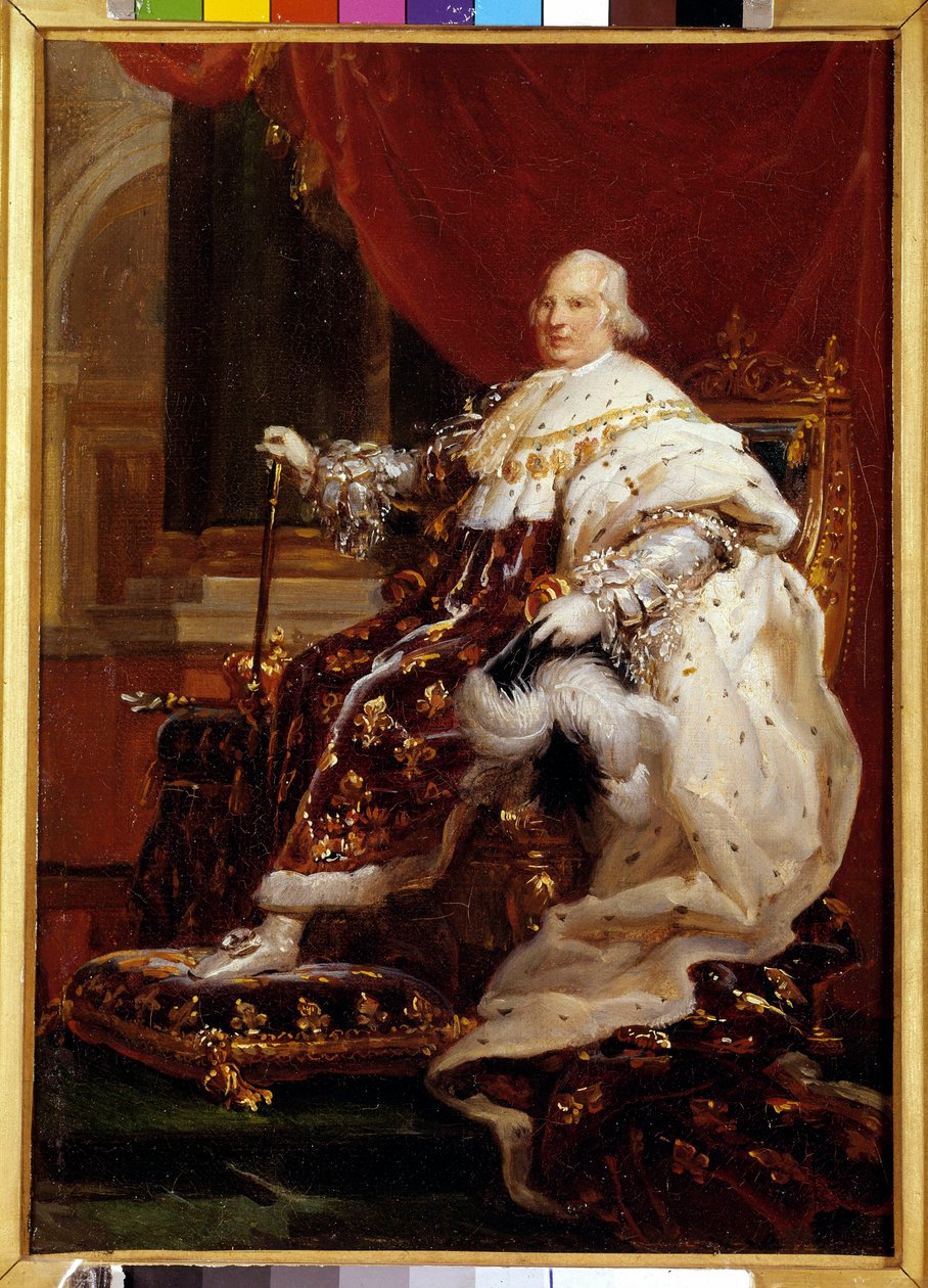 Portrait en pied af Louis XVIII (1755-1824) and costume de corre Maleri af Francois Gerard (1770-1837) 1814 Søn. 0,32 x 0,23 m - Portræt i fuld længde af Ludvig XVIII (1755-1824) i kroningsdragt. Maleri af Francois Gerard (1770-1837) af Baron François Pascal Simon Gérard
