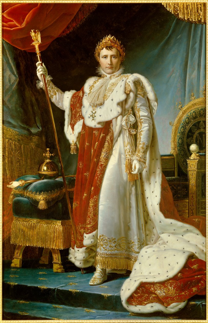Portræt i foden af Napoleon I i hellig dragt (1769-1821) Kejser af det franske maleri af Francois Gerard (1770-1837). 1805. Dim. 2,23 x 1,43 m. Versailles, musee du Chateau - Fuld længde portræt af Napoleon I i kroningsdragter (1769-1821) kejser af Baron François Pascal Simon Gérard