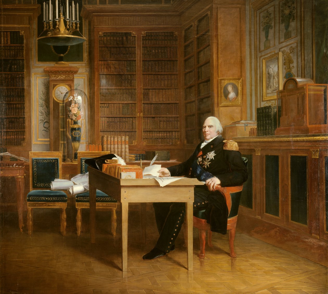 Portræt af Ludvig XVIII (1755-1824) har sit kontor i Tuilerierne og mediterer over Chartermaleriet af Francois Gerard (1770-1837) efter Marigny. 19. århundrede. Svag. 2,7x3,1 m. - Portræt af Ludvig XVIII (1755-1824), der mediterer over charteret siddende k af Baron François Pascal Simon Gérard