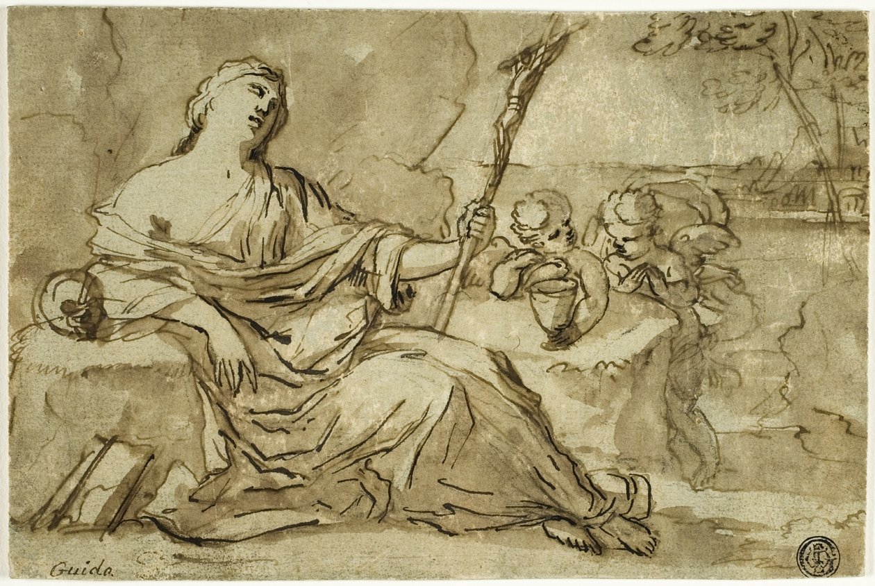 Magdalene i ørkenen med to putti af Francois Perrier