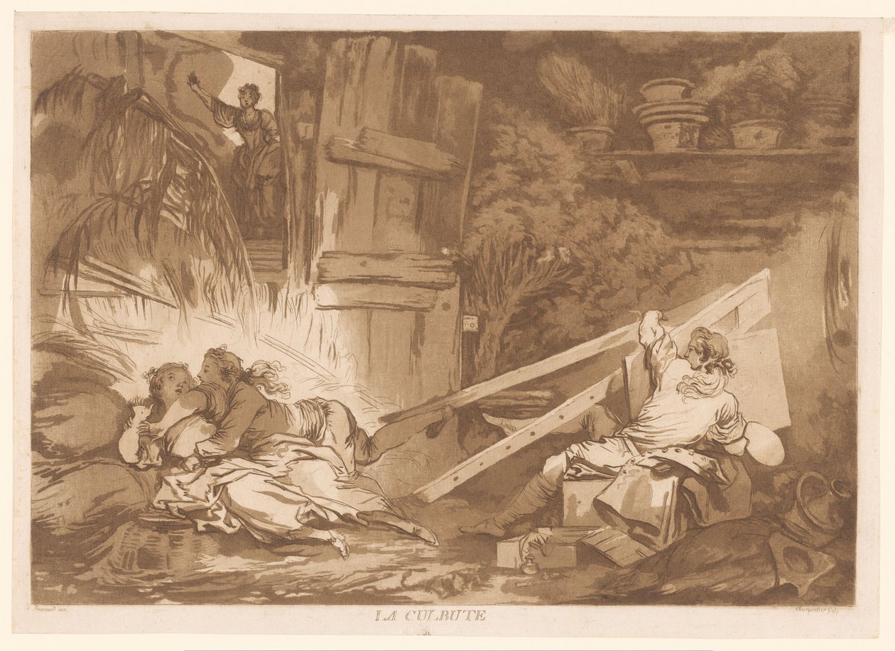 Ung snublende mand falder på en kvinde, der bliver malet La Culbute (titel på objekt) af Francois Philippe Charpentier