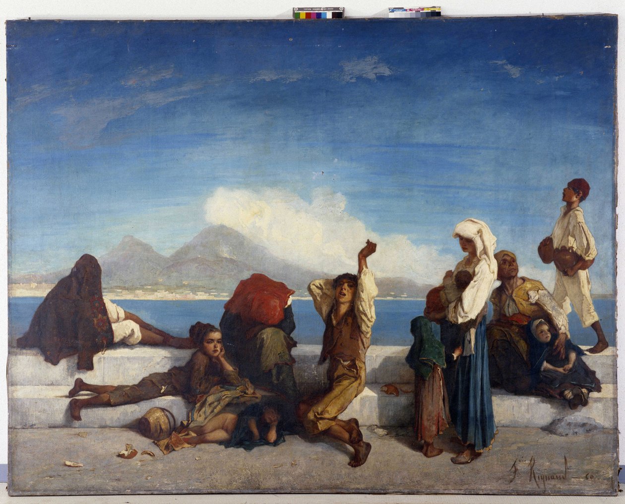 Lazzaroni, karakterer af det napolitanske folk. Udsigt over Napoli-bugten (olie på lærred) af Francois Reynaud