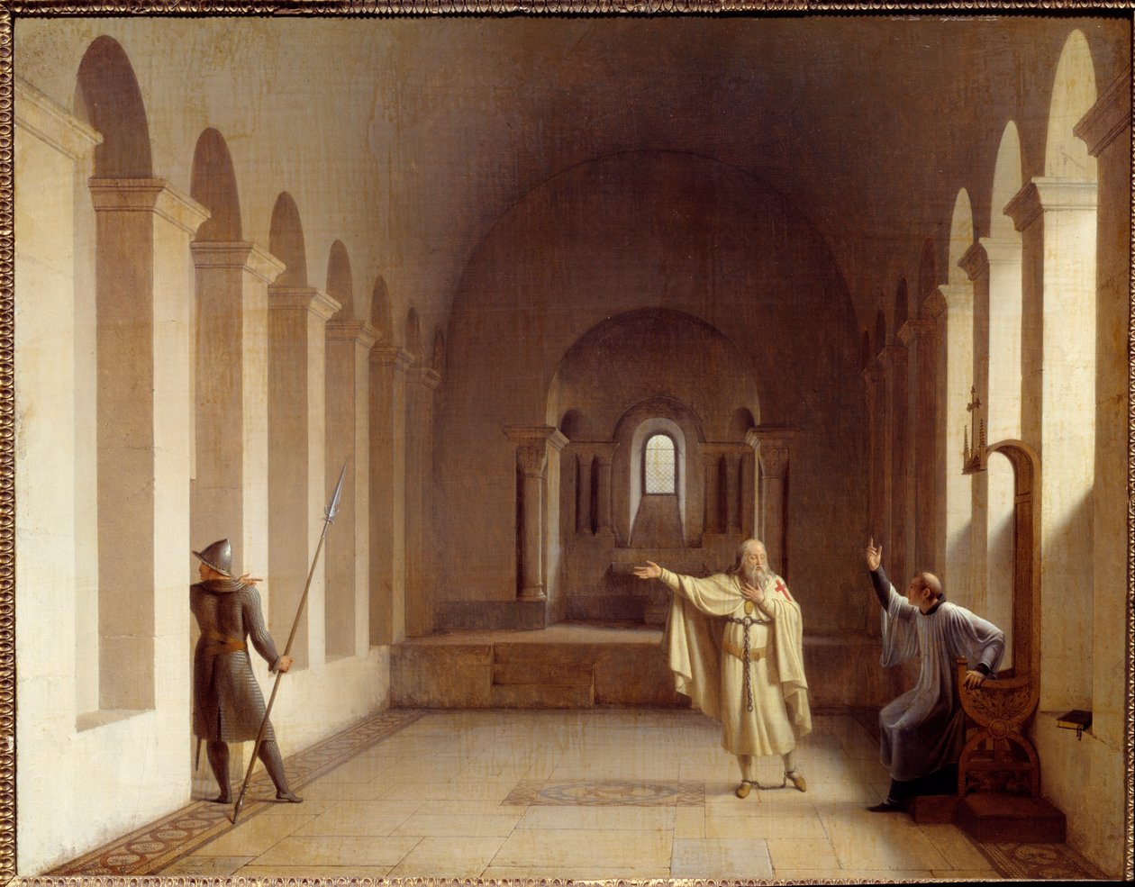 Jacques de Molay (Molai) (1243-1314), stormester for tempelriddere Jacques de Molay stoppet siden 1307, er tilbageholdt på det kongelige palads i Chinon, hvor han bliver forhørt af pavelige og kongelige repræsentanter. Maleri af Francois Richard Fleury (17 af Francois Richard Fleury