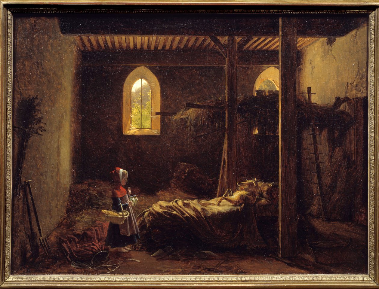 Rødhætte Illustration af Charles Perraults fortælling, Rødhætte foran ulven forklædt som bedstemor. Maleri af Francois Richard Fleury (1777-1852) 1800-tallet søn. 0,35x0,47 m . af Francois Richard Fleury