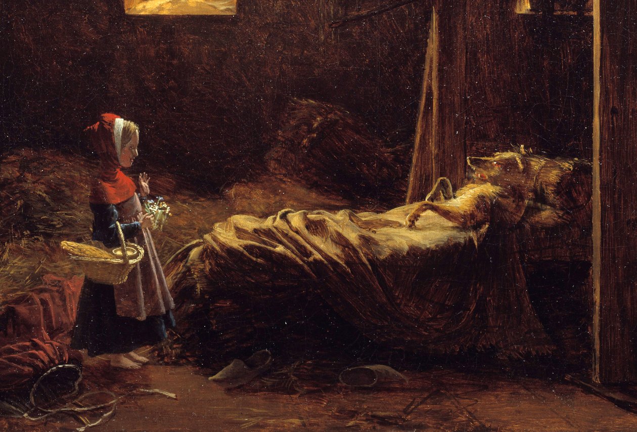 Lille Rødhætte, detalje. Illustration af historien om Charles Perrault, den lille rødhætte foran ulven forklædt som bedstemor. Maleri af Francois Richard Fleury (1777-1852) 1800-tallet søn. 0,35x0,47 m . af Francois Richard Fleury