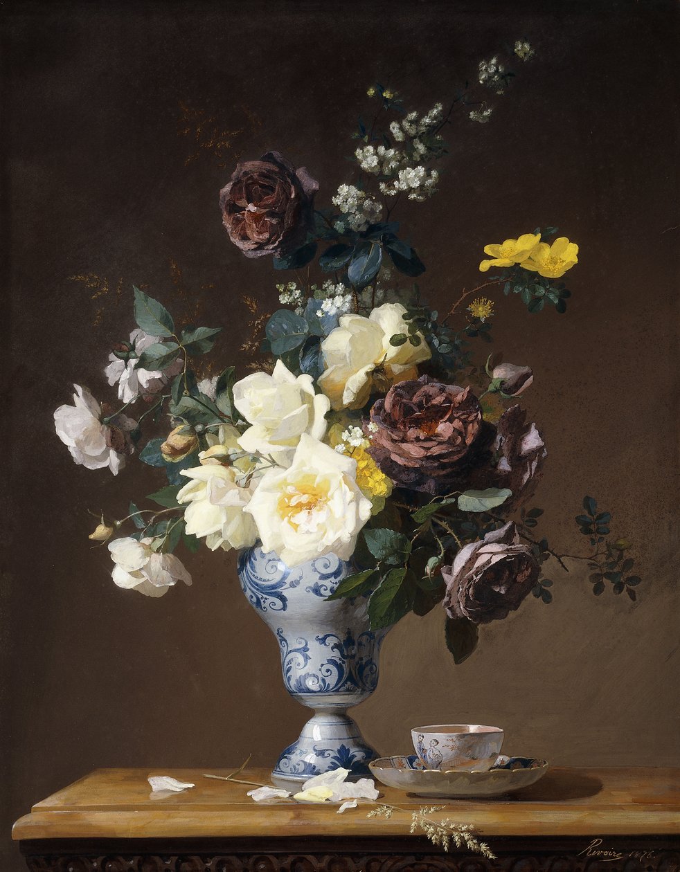 Roser og andre blomster i en blå og hvid vase og en tekop på en afsats, 1876 af Francois Rivoire