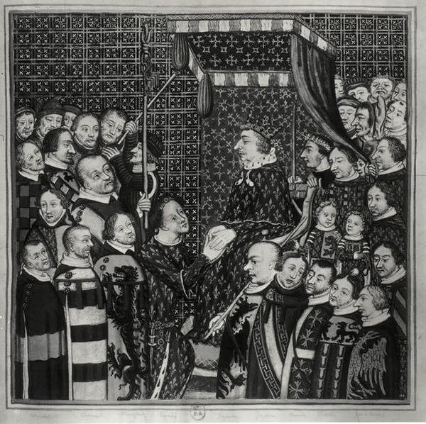 Ludvig II (1337-1410), greve af Clemens, hylder Karl V (1338-80) kopi af en miniature fra det 14. århundrede (akvarel på papir) (s/h foto) af Francois Roger de Gaignieres