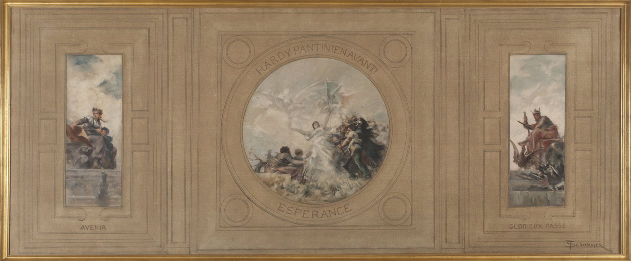 Skitse til rådhuset i Pantin: Avenir. Hardy Pantin! Fremadrettet. Espérance. Glorværdig fortid, i 1886 (olie på lærred) af Francois Schommer