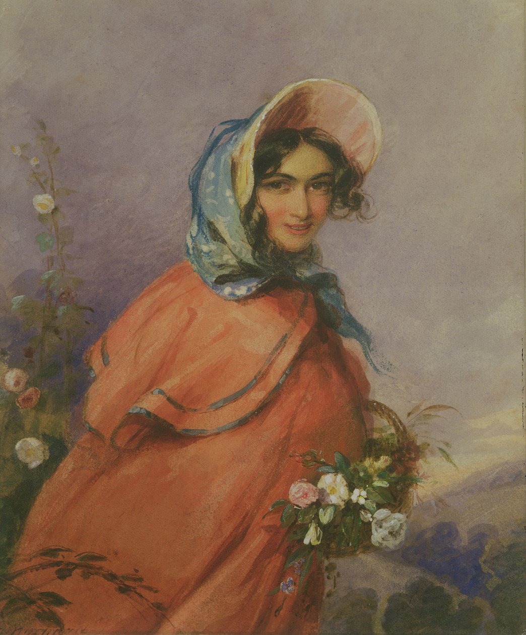 Portræt af en dame i åbent landskab (wc på papir) af Francois Theodore Rochard