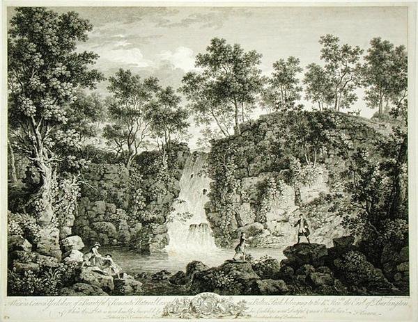 Udsigt over en kaskade ved Bolton Park, Craven, Yorkshire, udgivet 1753 (gravering) af Francois Vivarez