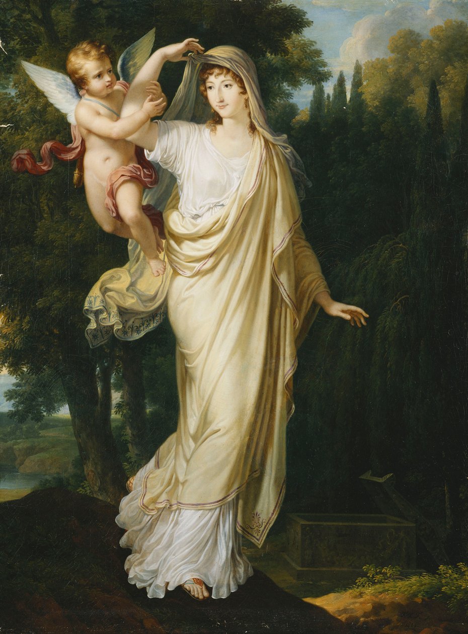 Posthumt portræt af markisen Fanny Grimaldi, født Baronne von Burkenwald, prinsesse af Santa Cruce, Marquise de Monaco et de Genes ved at slutte sig til sin første mand, markisen Giovanni Battista Grimaldi ved hans grav, 1804 af Francois Xavier Fabre