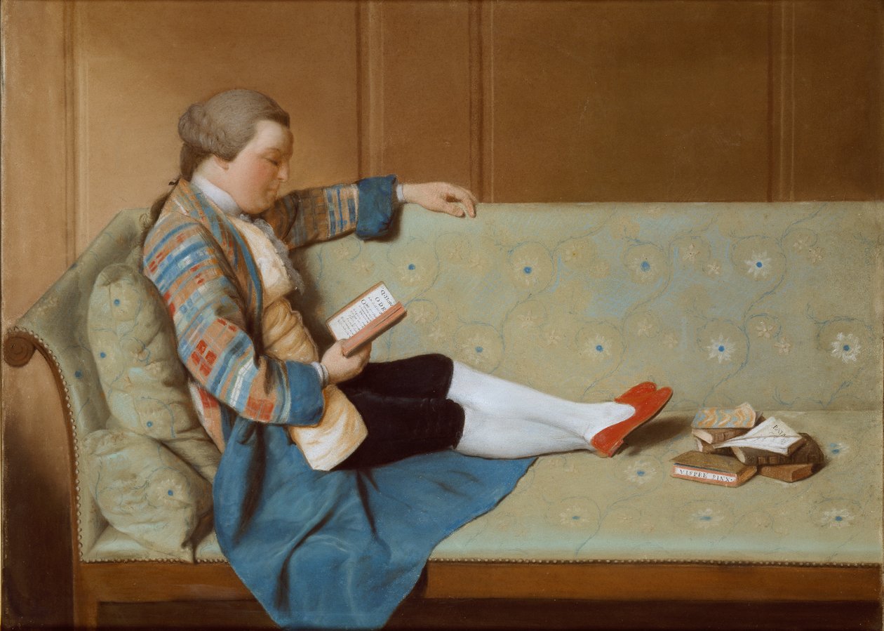 Portræt af en mand, der læner sig tilbage på en sofa, læser, midten af 1700-tallet. af Francois Xavier Vispre